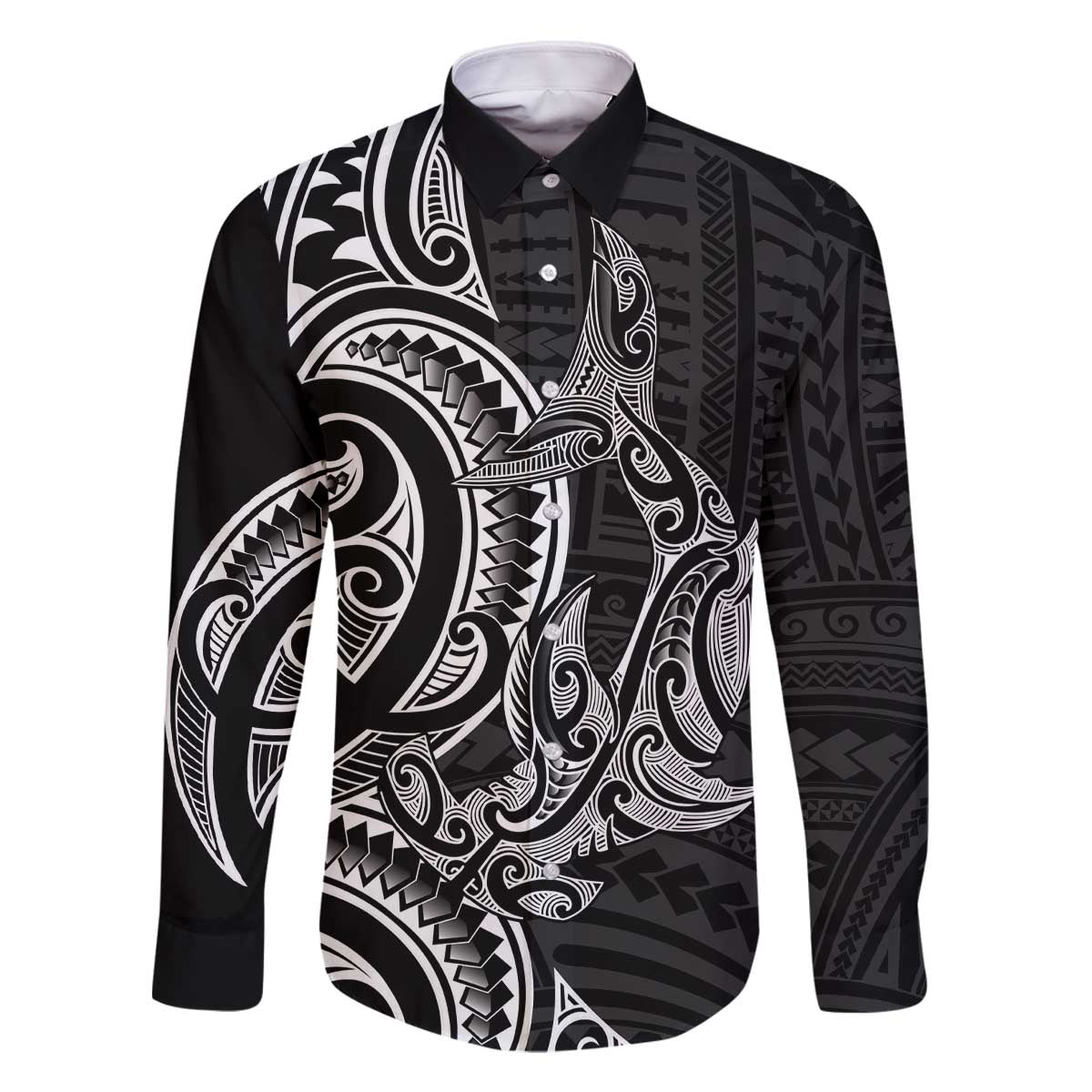 New Zealand Hammerhead Shark Family Matching Off The Shoulder Long Sleeve Dress and Hawaiian Shirt Maori Haehae Mangopare Black LT14 Dad's Shirt - Long Sleeve Black - Polynesian Pride