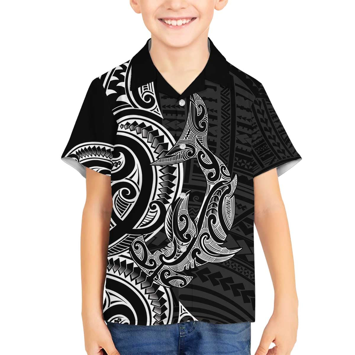 New Zealand Hammerhead Shark Family Matching Off The Shoulder Long Sleeve Dress and Hawaiian Shirt Maori Haehae Mangopare Black LT14 Son's Shirt Black - Polynesian Pride