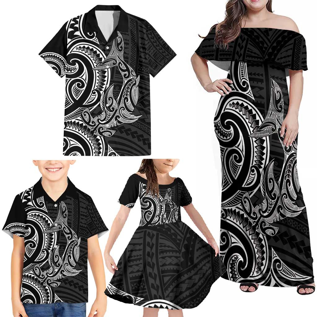 New Zealand Hammerhead Shark Family Matching Off Shoulder Maxi Dress and Hawaiian Shirt Maori Haehae Mangopare Black - Polynesian Pride