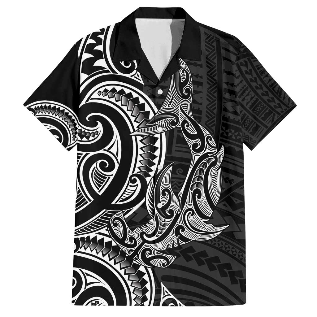 New Zealand Hammerhead Shark Family Matching Off Shoulder Maxi Dress and Hawaiian Shirt Maori Haehae Mangopare Black LT14 Dad's Shirt - Short Sleeve Black - Polynesian Pride