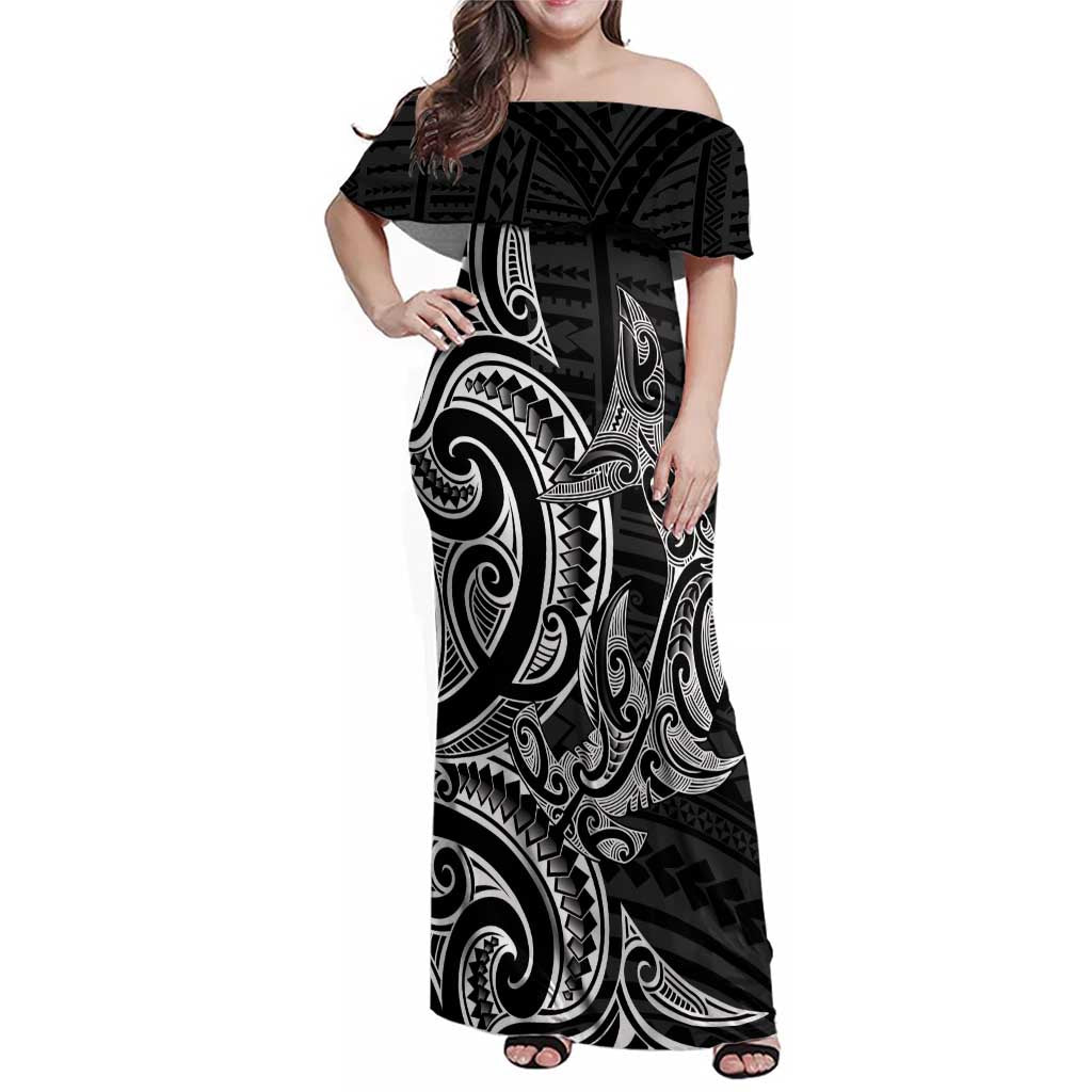 New Zealand Hammerhead Shark Family Matching Off Shoulder Maxi Dress and Hawaiian Shirt Maori Haehae Mangopare Black LT14 Mom's Dress Black - Polynesian Pride