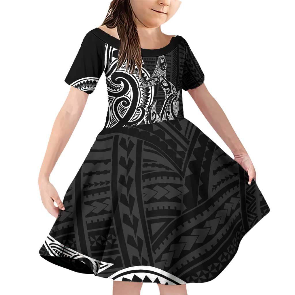 New Zealand Hammerhead Shark Family Matching Off Shoulder Short Dress and Hawaiian Shirt Maori Haehae Mangopare Black LT14 Daughter's Dress Black - Polynesian Pride