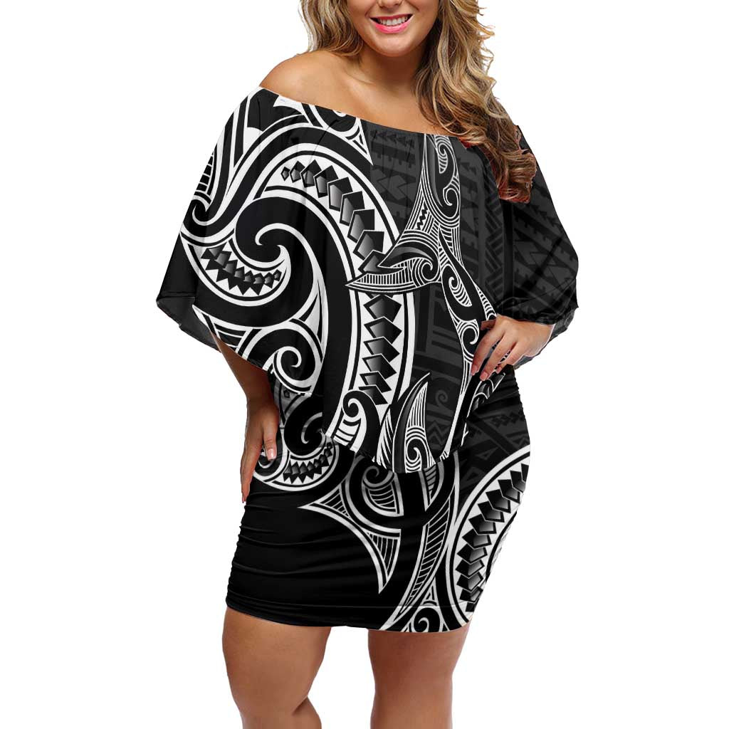 New Zealand Hammerhead Shark Family Matching Off Shoulder Short Dress and Hawaiian Shirt Maori Haehae Mangopare Black LT14 Mom's Dress Black - Polynesian Pride