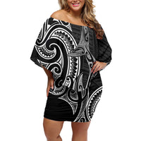 New Zealand Hammerhead Shark Family Matching Off Shoulder Short Dress and Hawaiian Shirt Maori Haehae Mangopare Black LT14 Mom's Dress Black - Polynesian Pride
