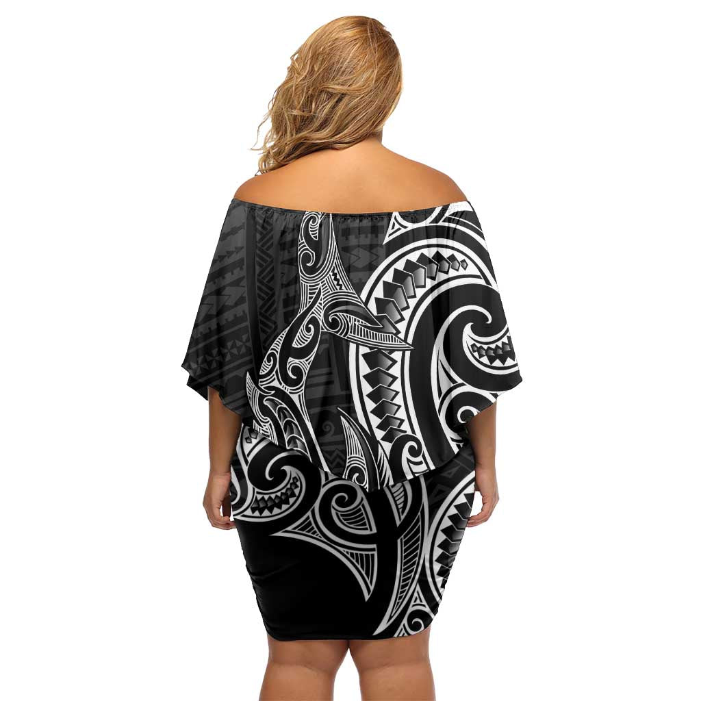 New Zealand Hammerhead Shark Family Matching Off Shoulder Short Dress and Hawaiian Shirt Maori Haehae Mangopare Black LT14 - Polynesian Pride