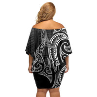 New Zealand Hammerhead Shark Family Matching Off Shoulder Short Dress and Hawaiian Shirt Maori Haehae Mangopare Black LT14 - Polynesian Pride