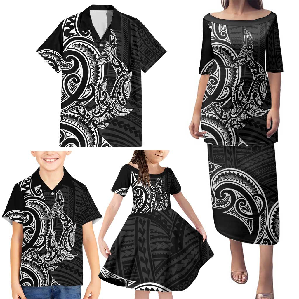 New Zealand Hammerhead Shark Family Matching Puletasi and Hawaiian Shirt Maori Haehae Mangopare Black - Polynesian Pride