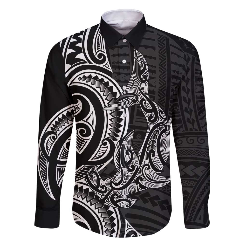 New Zealand Hammerhead Shark Family Matching Puletasi and Hawaiian Shirt Maori Haehae Mangopare Black LT14 Dad's Shirt - Long Sleeve Black - Polynesian Pride