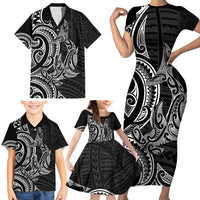 New Zealand Hammerhead Shark Family Matching Short Sleeve Bodycon Dress and Hawaiian Shirt Maori Haehae Mangopare Black LT14 - Polynesian Pride