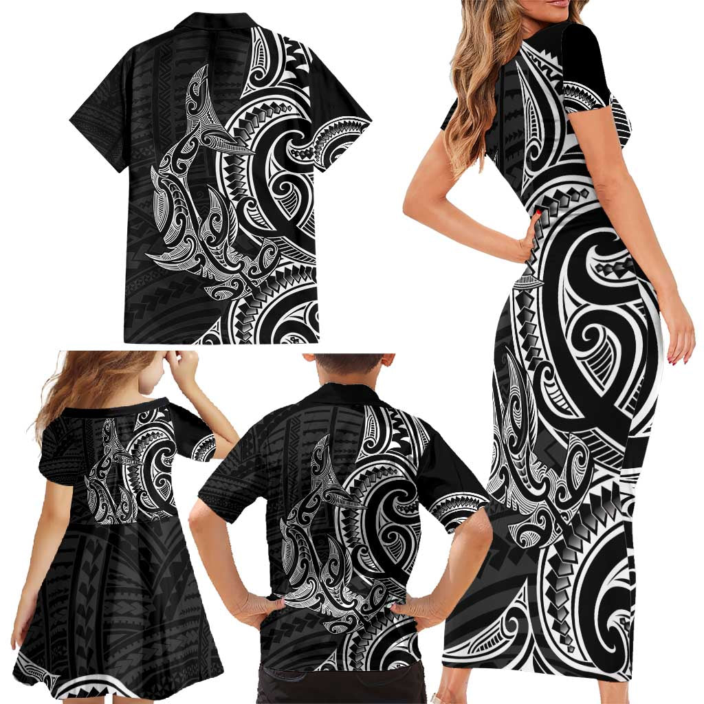 New Zealand Hammerhead Shark Family Matching Short Sleeve Bodycon Dress and Hawaiian Shirt Maori Haehae Mangopare Black LT14 - Polynesian Pride