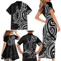 New Zealand Hammerhead Shark Family Matching Short Sleeve Bodycon Dress and Hawaiian Shirt Maori Haehae Mangopare Black LT14 - Polynesian Pride