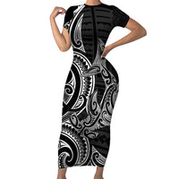 New Zealand Hammerhead Shark Family Matching Short Sleeve Bodycon Dress and Hawaiian Shirt Maori Haehae Mangopare Black LT14 Mom's Dress Black - Polynesian Pride