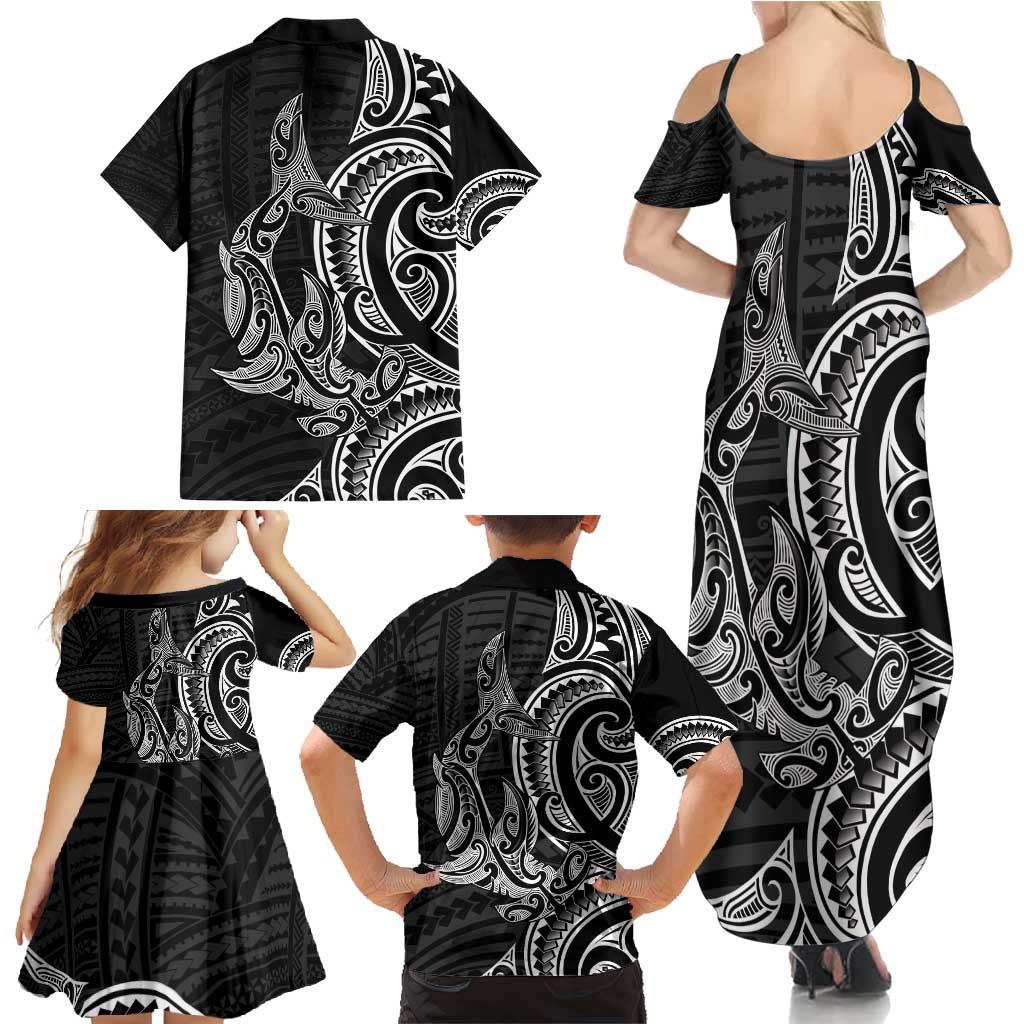 New Zealand Hammerhead Shark Family Matching Summer Maxi Dress and Hawaiian Shirt Maori Haehae Mangopare Black LT14 - Polynesian Pride