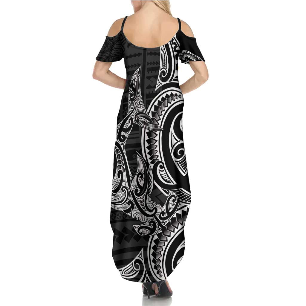 New Zealand Hammerhead Shark Family Matching Summer Maxi Dress and Hawaiian Shirt Maori Haehae Mangopare Black LT14 - Polynesian Pride