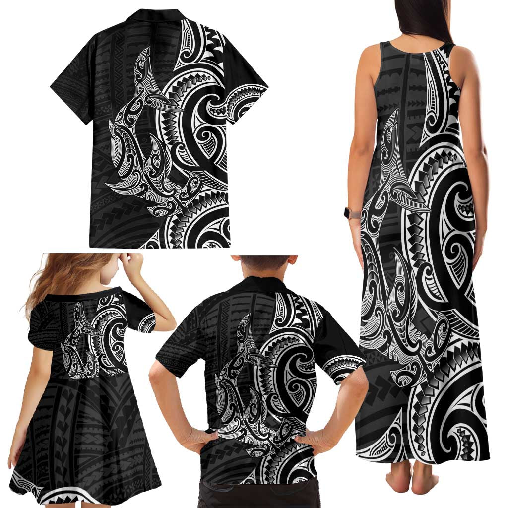 New Zealand Hammerhead Shark Family Matching Tank Maxi Dress and Hawaiian Shirt Maori Haehae Mangopare Black LT14 - Polynesian Pride