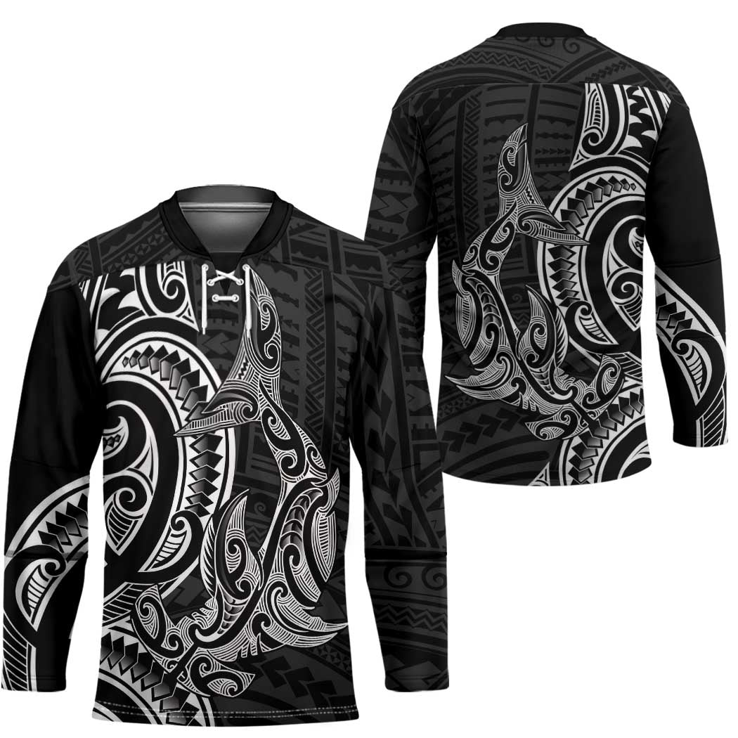 New Zealand Hammerhead Shark Hockey Jersey Maori Haehae Mangopare Black - Polynesian Pride