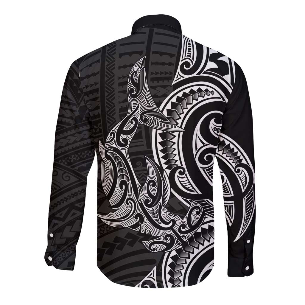 New Zealand Hammerhead Shark Long Sleeve Button Shirt Maori Haehae Mangopare Black - Polynesian Pride