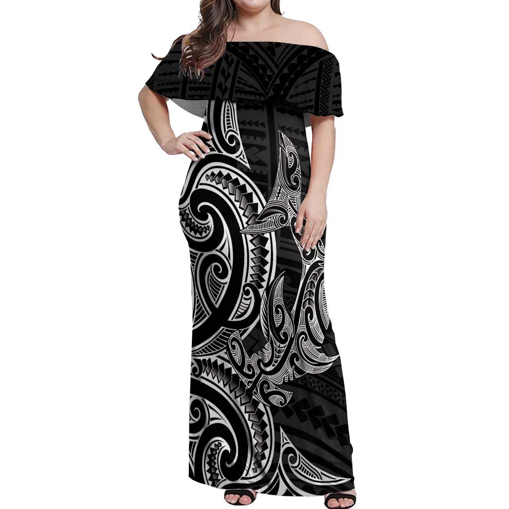 New Zealand Hammerhead Shark Off Shoulder Maxi Dress Maori Haehae Mangopare Black - Polynesian Pride