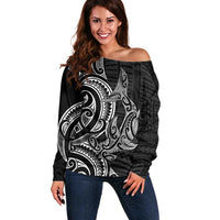 New Zealand Hammerhead Shark Off Shoulder Sweater Maori Haehae Mangopare Black - Polynesian Pride