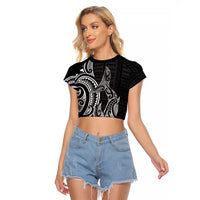 New Zealand Hammerhead Shark Raglan Cropped T Shirt Maori Haehae Mangopare Black - Polynesian Pride