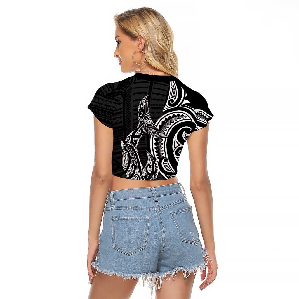 New Zealand Hammerhead Shark Raglan Cropped T Shirt Maori Haehae Mangopare Black - Polynesian Pride