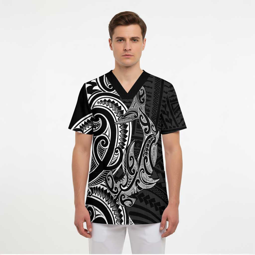 New Zealand Hammerhead Shark Scrub Top Maori Haehae Mangopare Black - Polynesian Pride