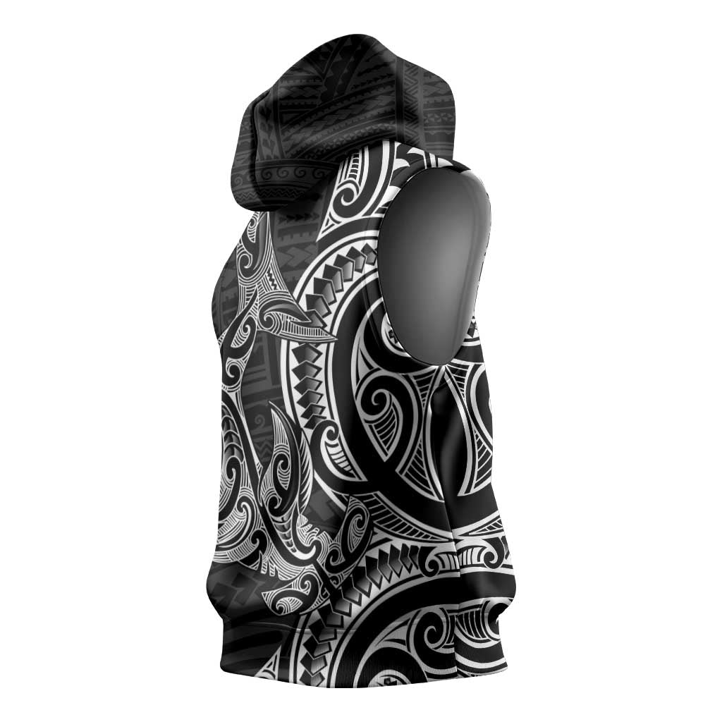 New Zealand Hammerhead Shark Sleeveless Hoodie Maori Haehae Mangopare Black - Polynesian Pride