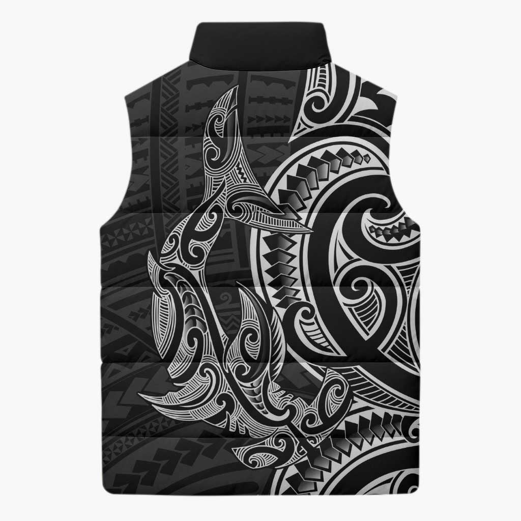New Zealand Hammerhead Shark Sleeveless Puffer Jacket Maori Haehae Mangopare Black - Polynesian Pride
