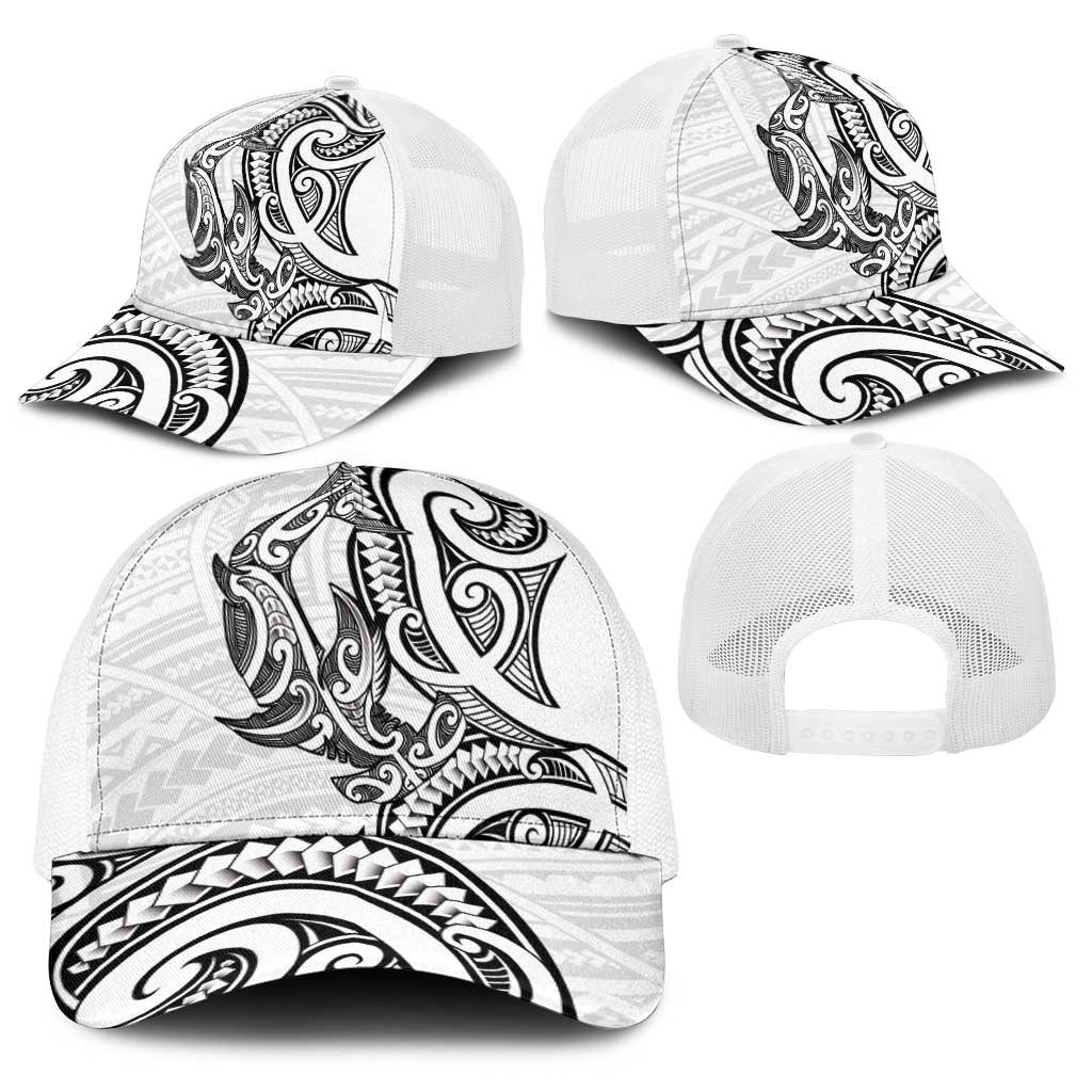 New Zealand Hammerhead Shark Baseball Net Cap Maori Haehae Mangopare White - Polynesian Pride