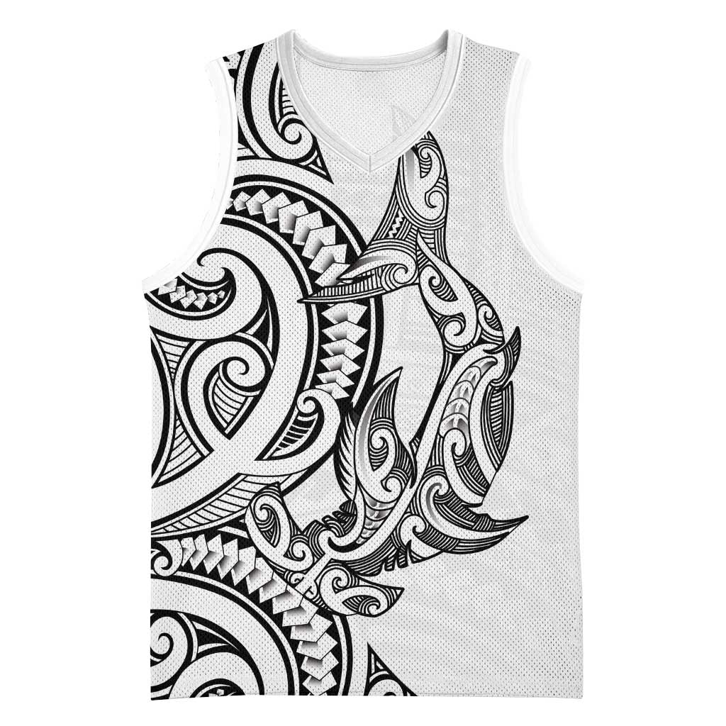 New Zealand Hammerhead Shark Basketball Jersey Maori Haehae Mangopare White - Polynesian Pride