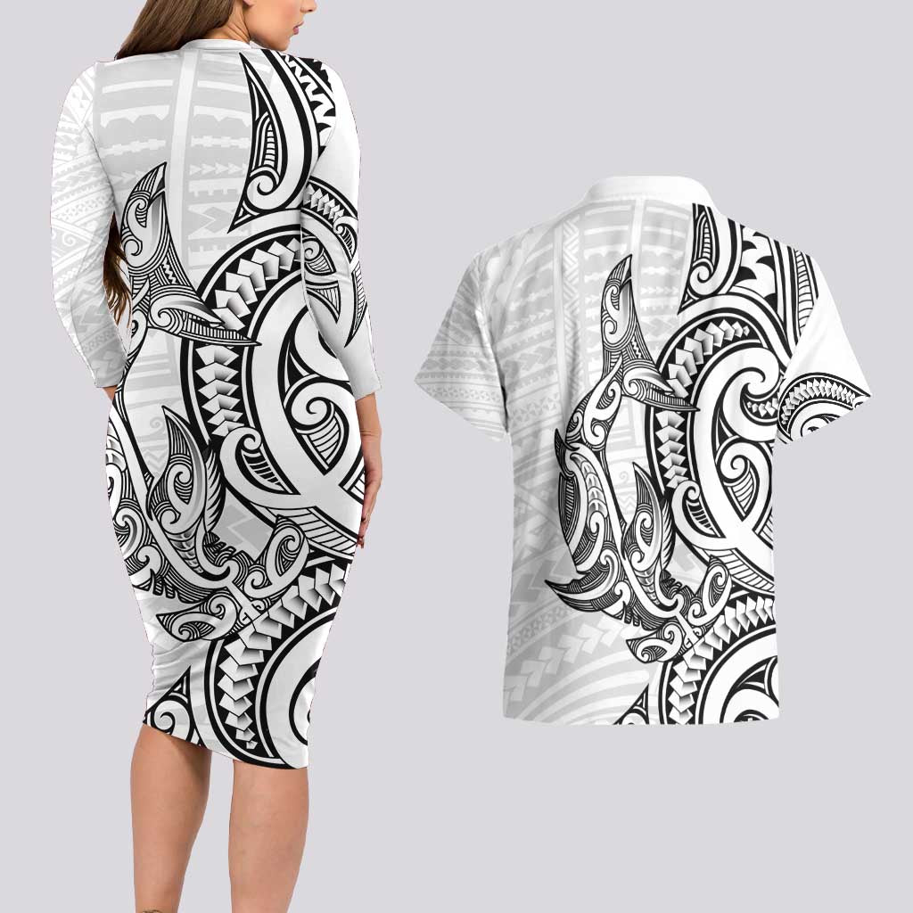 New Zealand Hammerhead Shark Couples Matching Long Sleeve Bodycon Dress and Hawaiian Shirt Maori Haehae Mangopare White LT14 - Polynesian Pride