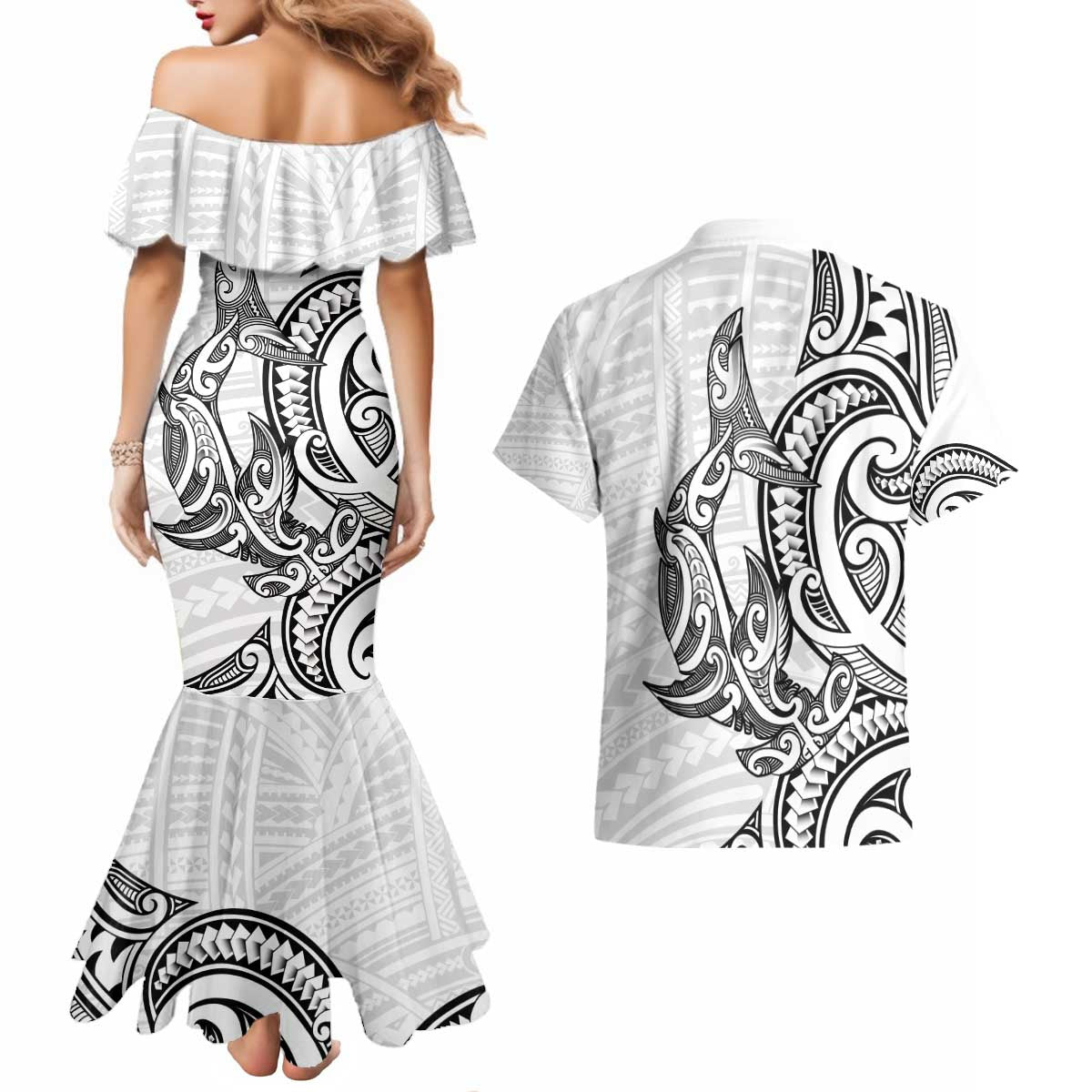 New Zealand Hammerhead Shark Couples Matching Mermaid Dress and Hawaiian Shirt Maori Haehae Mangopare White LT14 - Polynesian Pride