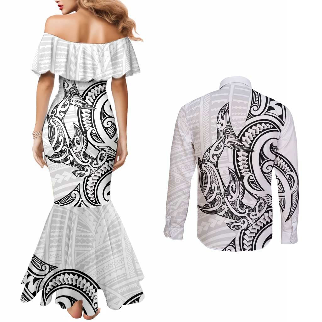 New Zealand Hammerhead Shark Couples Matching Mermaid Dress and Long Sleeve Button Shirt Maori Haehae Mangopare White - Polynesian Pride