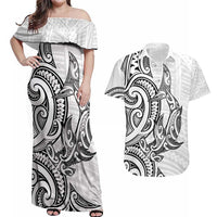 New Zealand Hammerhead Shark Couples Matching Off Shoulder Maxi Dress and Hawaiian Shirt Maori Haehae Mangopare White LT14 White - Polynesian Pride