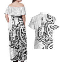 New Zealand Hammerhead Shark Couples Matching Off Shoulder Maxi Dress and Hawaiian Shirt Maori Haehae Mangopare White LT14 - Polynesian Pride