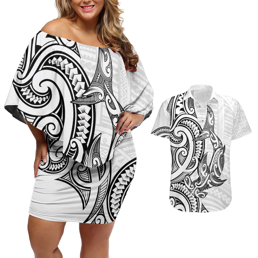 New Zealand Hammerhead Shark Couples Matching Off Shoulder Short Dress and Hawaiian Shirt Maori Haehae Mangopare White LT14 White - Polynesian Pride