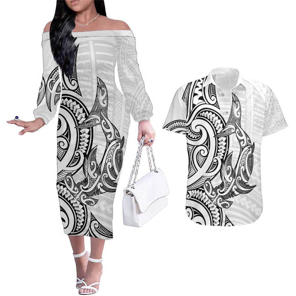 New Zealand Hammerhead Shark Couples Matching Off The Shoulder Long Sleeve Dress and Hawaiian Shirt Maori Haehae Mangopare White LT14 White - Polynesian Pride