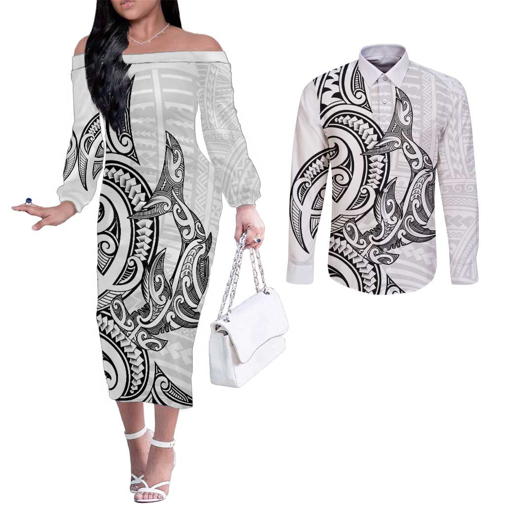 New Zealand Hammerhead Shark Couples Matching Off The Shoulder Long Sleeve Dress and Long Sleeve Button Shirt Maori Haehae Mangopare White - Polynesian Pride