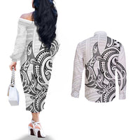 New Zealand Hammerhead Shark Couples Matching Off The Shoulder Long Sleeve Dress and Long Sleeve Button Shirt Maori Haehae Mangopare White - Polynesian Pride