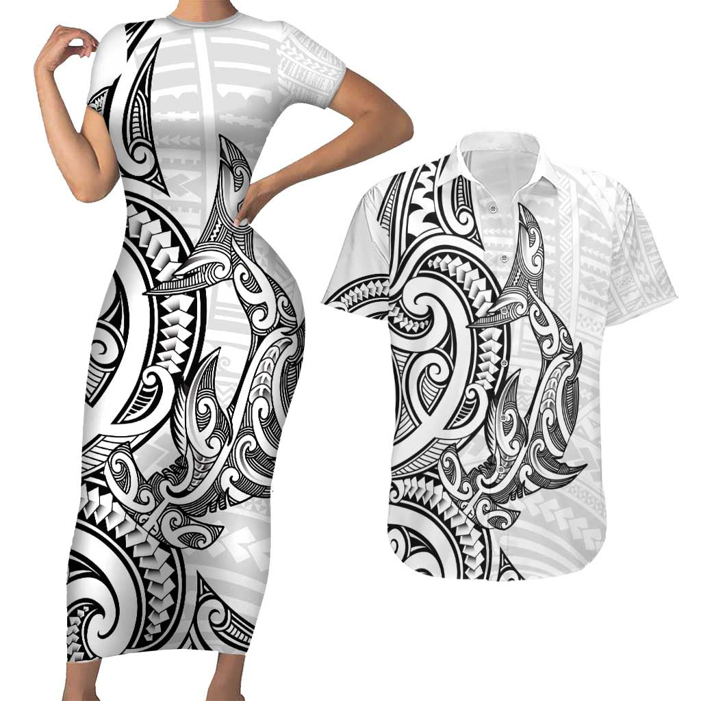 New Zealand Hammerhead Shark Couples Matching Short Sleeve Bodycon Dress and Hawaiian Shirt Maori Haehae Mangopare White LT14 White - Polynesian Pride
