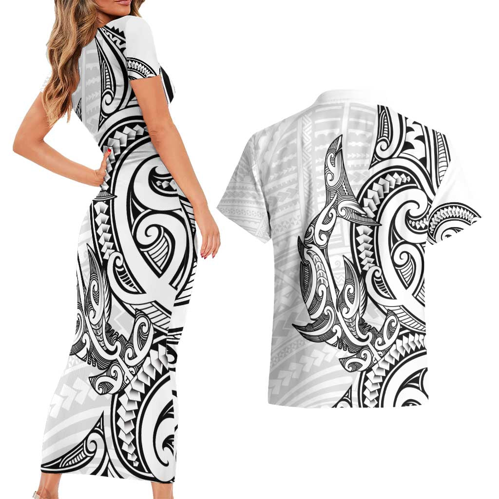 New Zealand Hammerhead Shark Couples Matching Short Sleeve Bodycon Dress and Hawaiian Shirt Maori Haehae Mangopare White LT14 - Polynesian Pride