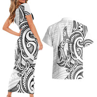 New Zealand Hammerhead Shark Couples Matching Short Sleeve Bodycon Dress and Hawaiian Shirt Maori Haehae Mangopare White LT14 - Polynesian Pride