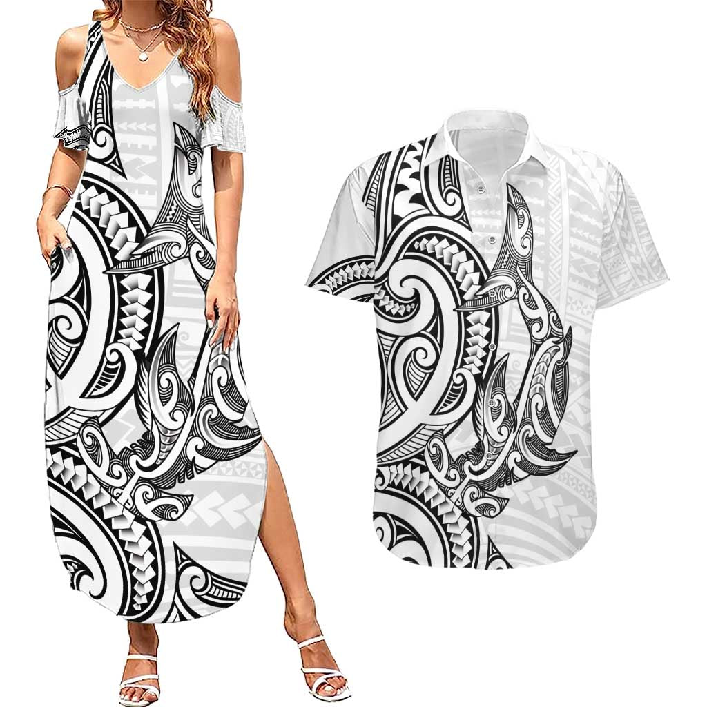 New Zealand Hammerhead Shark Couples Matching Summer Maxi Dress and Hawaiian Shirt Maori Haehae Mangopare White LT14 White - Polynesian Pride