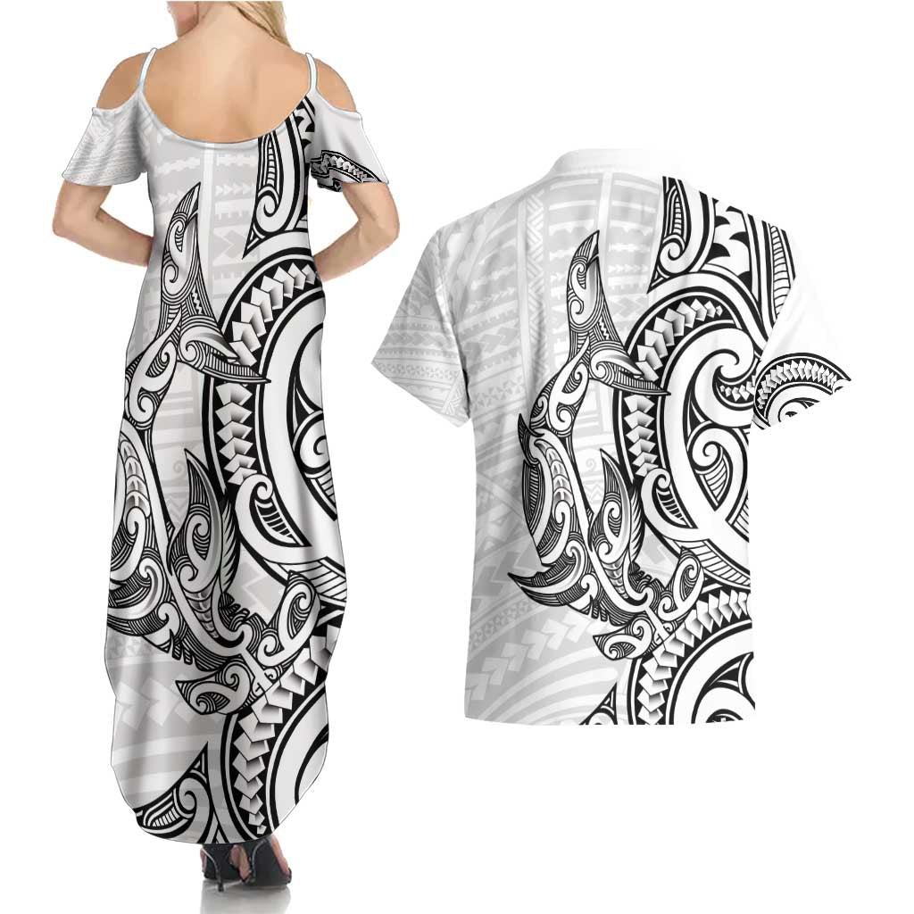 New Zealand Hammerhead Shark Couples Matching Summer Maxi Dress and Hawaiian Shirt Maori Haehae Mangopare White LT14 - Polynesian Pride