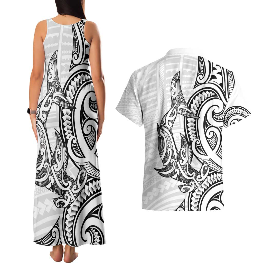 New Zealand Hammerhead Shark Couples Matching Tank Maxi Dress and Hawaiian Shirt Maori Haehae Mangopare White LT14 - Polynesian Pride