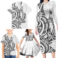 New Zealand Hammerhead Shark Family Matching Long Sleeve Bodycon Dress and Hawaiian Shirt Maori Haehae Mangopare White LT14 - Polynesian Pride