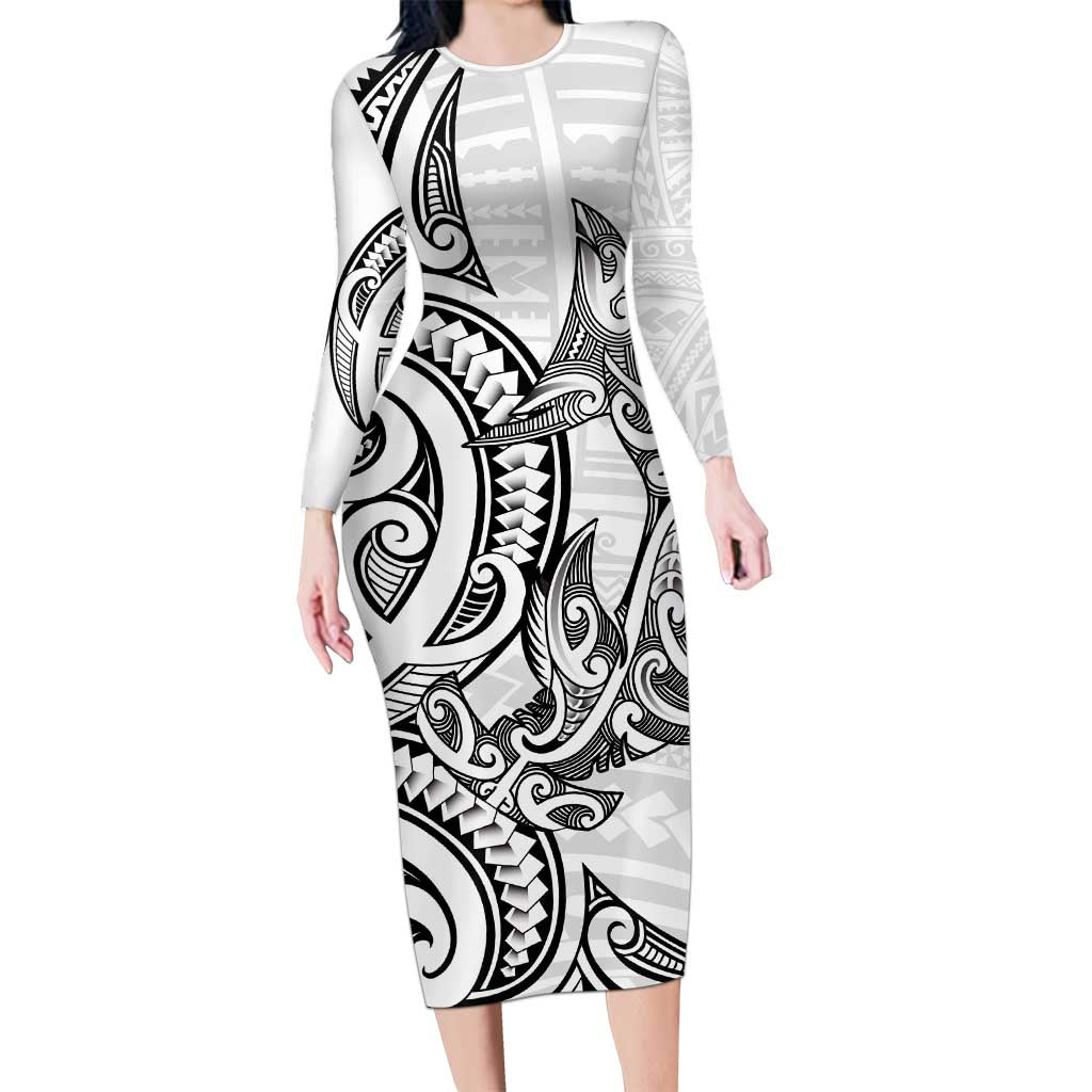 New Zealand Hammerhead Shark Family Matching Long Sleeve Bodycon Dress and Hawaiian Shirt Maori Haehae Mangopare White LT14 Mom's Dress White - Polynesian Pride