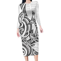 New Zealand Hammerhead Shark Family Matching Long Sleeve Bodycon Dress and Hawaiian Shirt Maori Haehae Mangopare White LT14 Mom's Dress White - Polynesian Pride