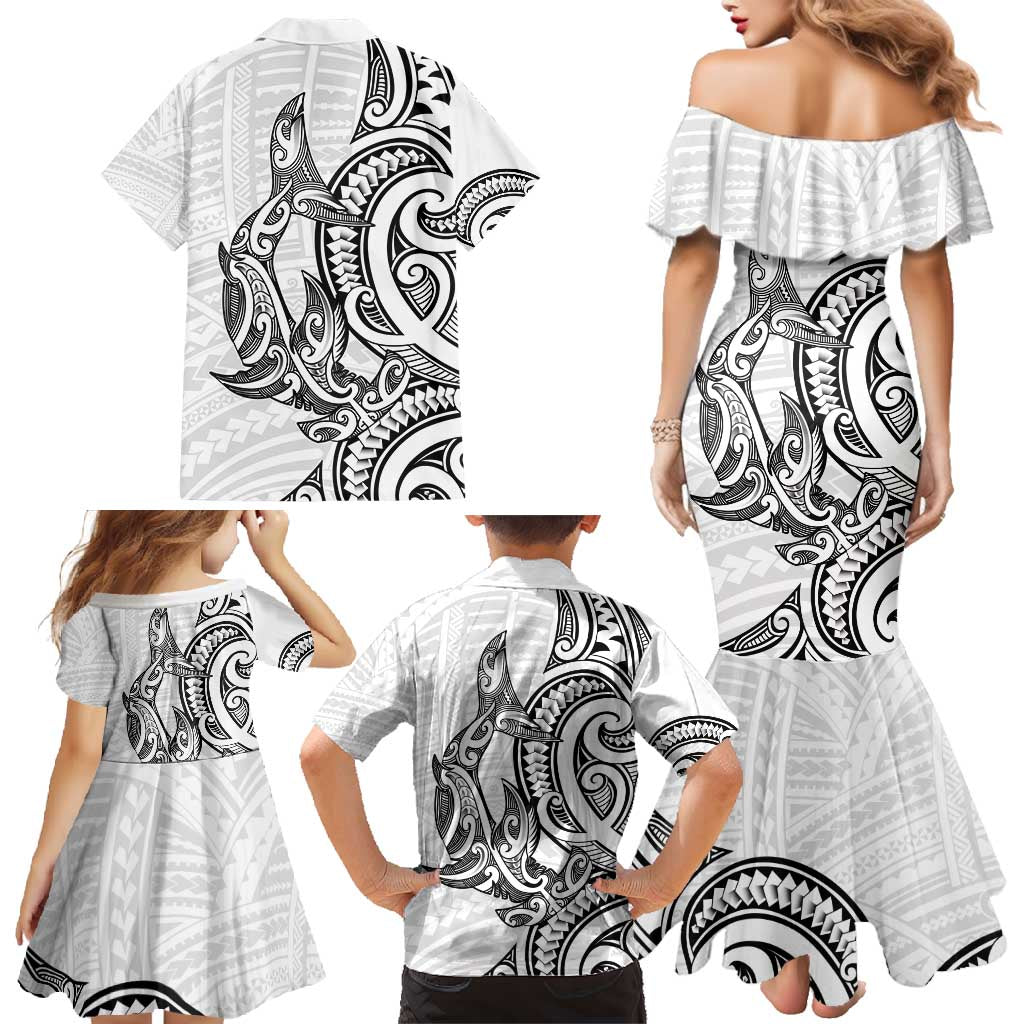 New Zealand Hammerhead Shark Family Matching Mermaid Dress and Hawaiian Shirt Maori Haehae Mangopare White LT14 - Polynesian Pride