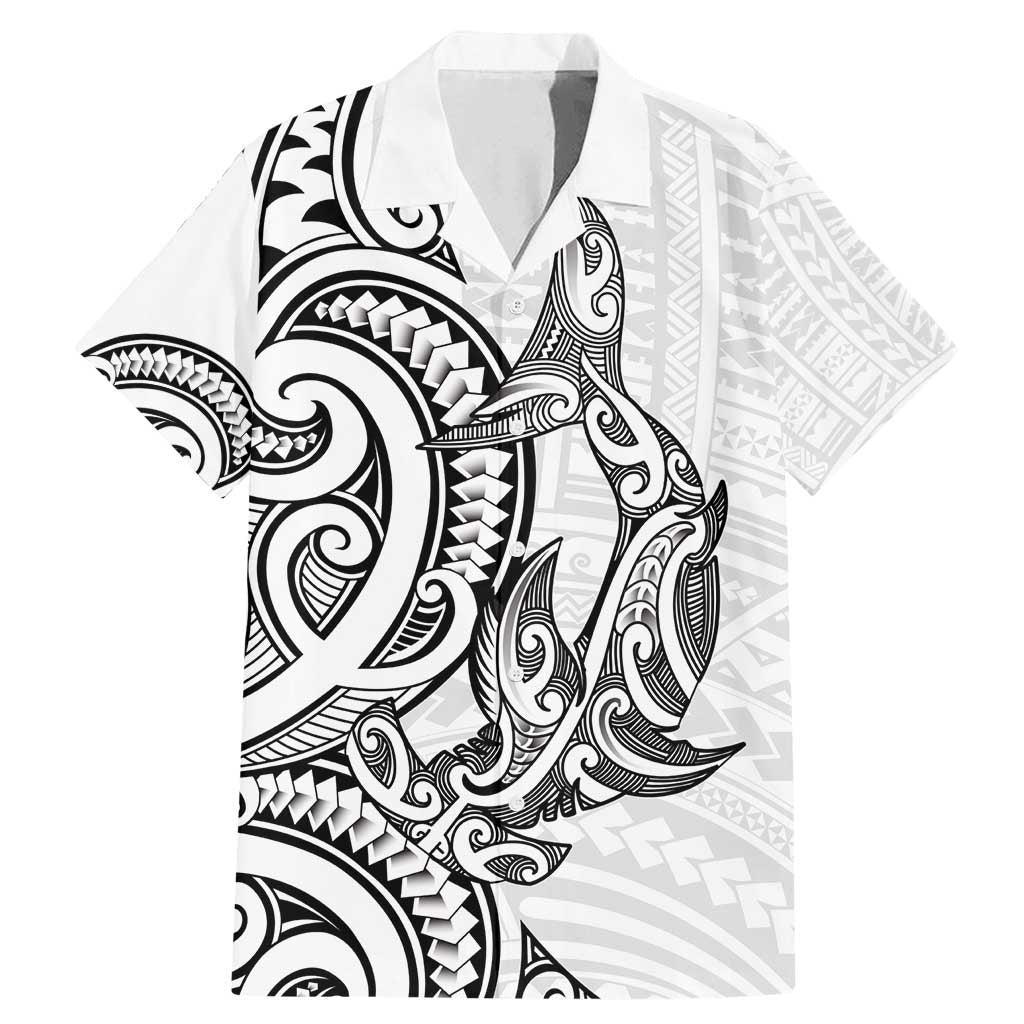 New Zealand Hammerhead Shark Family Matching Mermaid Dress and Hawaiian Shirt Maori Haehae Mangopare White LT14 Dad's Shirt - Short Sleeve White - Polynesian Pride